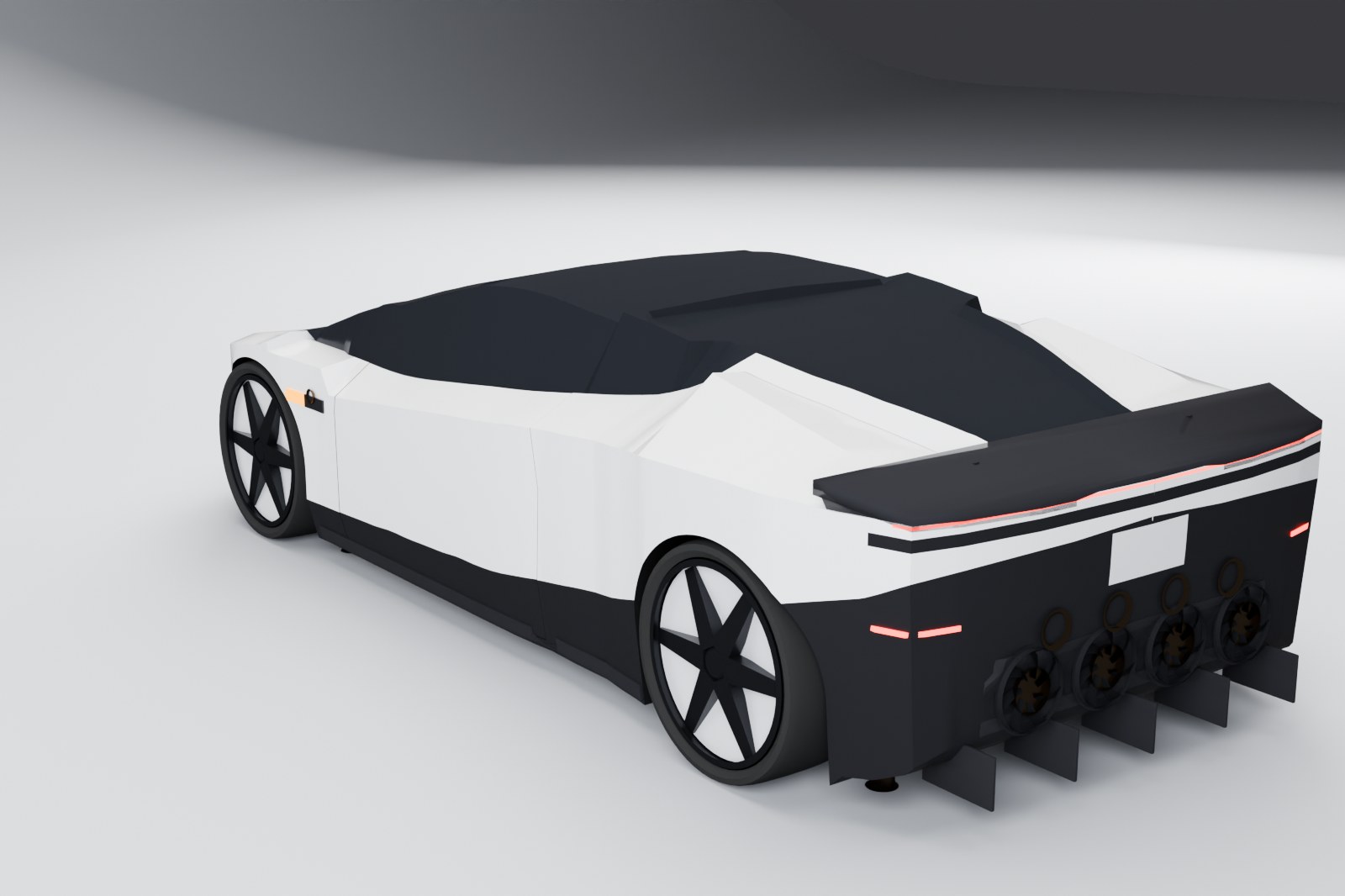 Roadster X from the rear: the wing, the four rear thrusters and the diffuser