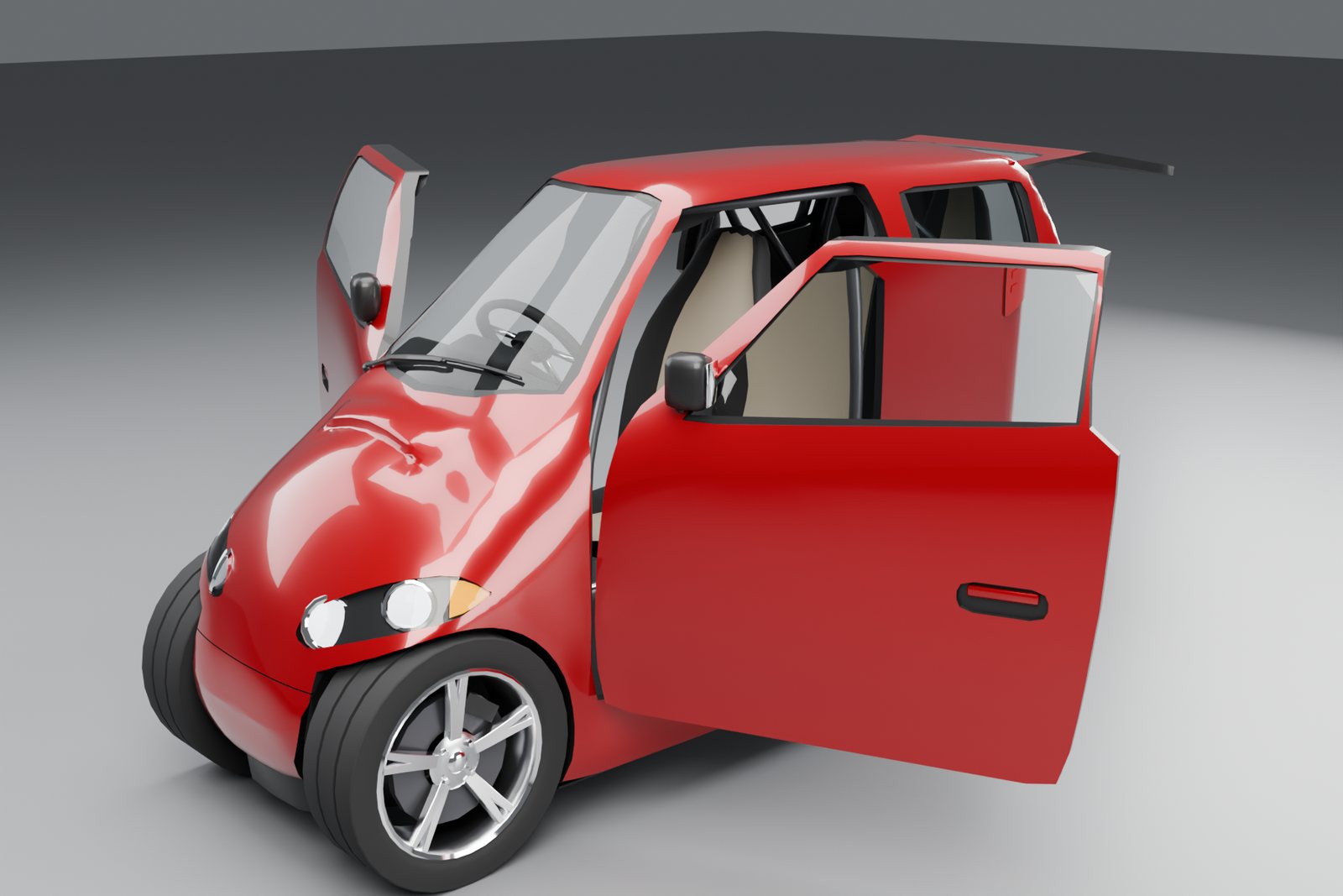 Both front doors and the rear hatch open